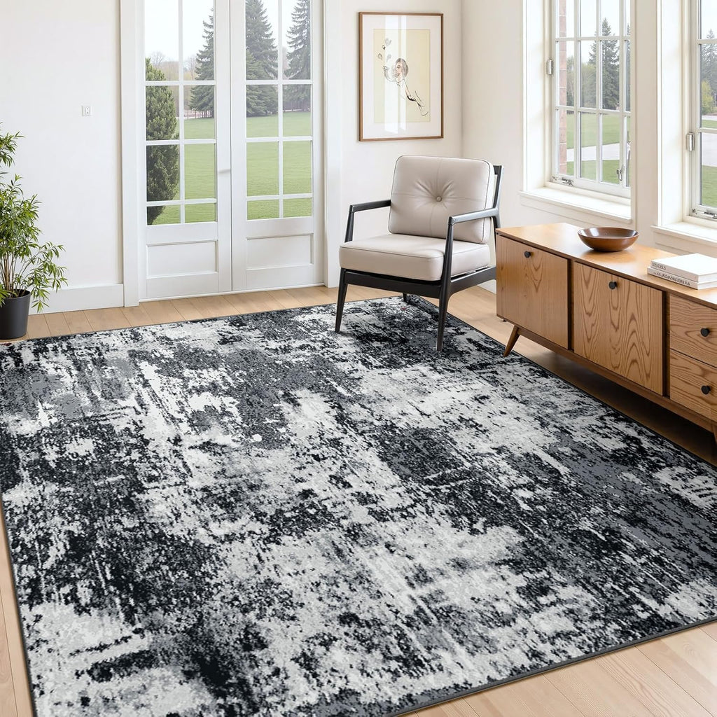 RELEANY Washable 6'x8' Abstract Area Rug for Living Room Black White
