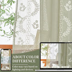 jinchan Belrose Sage Green Floral Sheer Curtains for Bedroom 63 Inch Long Voile Embroidered Farmhouse Curtains for Living Room Ivory Flower Patterned Rod Pocket Window Treatments, 2 Panels Green