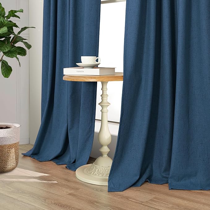 Navy Blue Linen Textured Curtains 90 Inches Long 2 Panels Set Modern Neutral Nursery Blackout Curtains for Kids Bedroom Black Out Thermal Drapes for Summer Heat Noise Reducing Back Tab 52x90 Length
