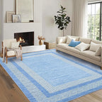 GarveeHome 9x12 Large Modern Light Blue Area Rug Distressed Bordered Soft Non Shedding Floor Carpet, Geometric Washable Non Slip Low Pile Indoor Area Rug for Living Room, Bedroom