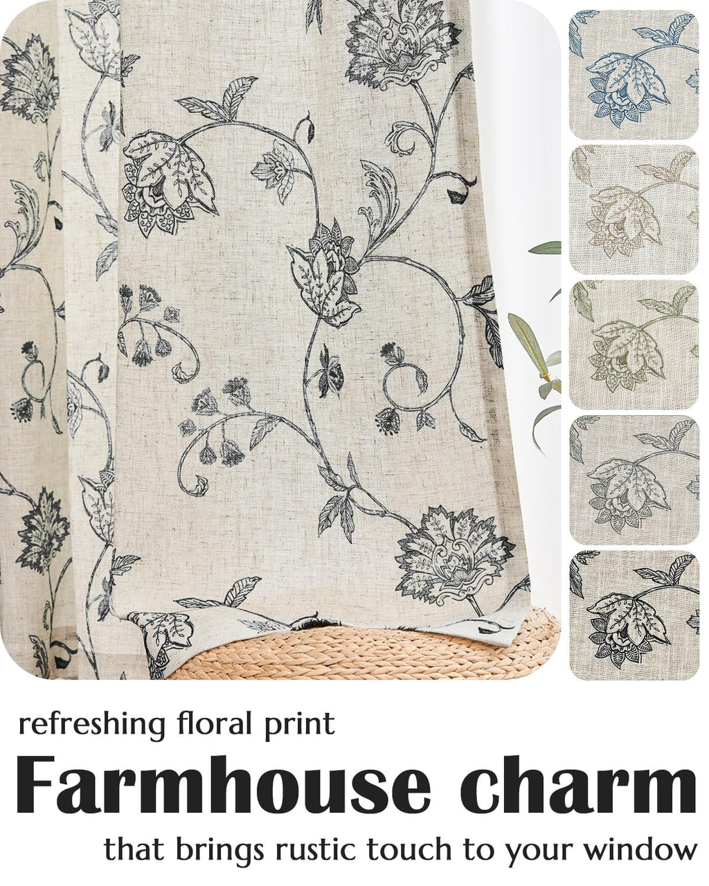 Jinchan Linen Floral Curtains 63 Inch Length for Living Room & Bedroom - Light Filtering Rod Pocket Back Tab Jacobean Curtains Flax Linen Texture Window Drapes Set 2 Panels Black on Linen