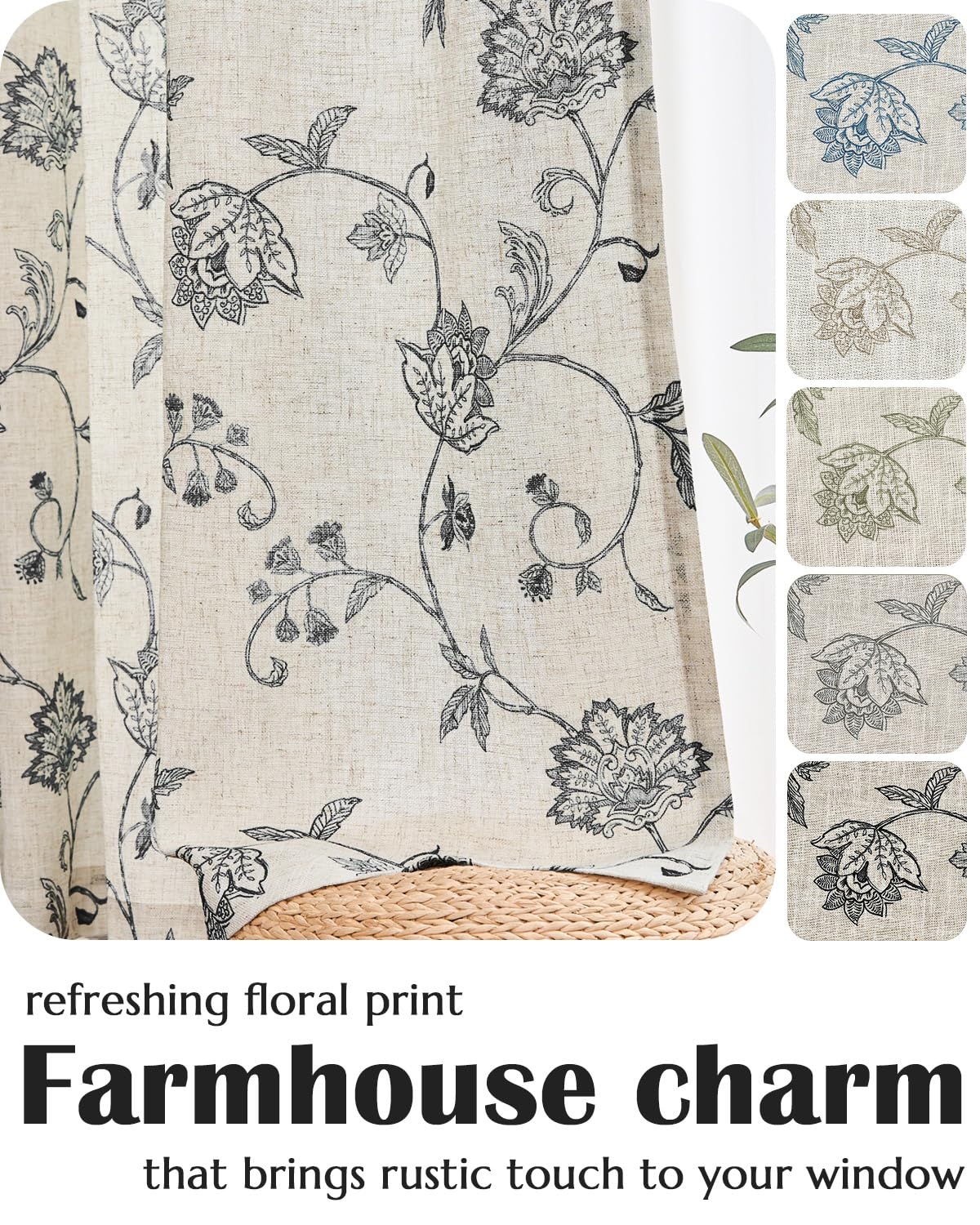 Jinchan Linen Floral Curtains 63 Inch Length for Living Room & Bedroom - Light Filtering Rod Pocket Back Tab Jacobean Curtains Flax Linen Texture Window Drapes Set 2 Panels Black on Linen