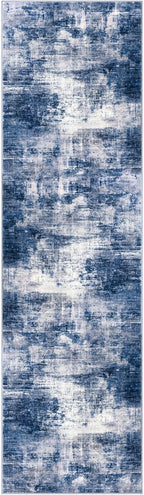 IOHOUZE Abstract Runner Rug 3x10 Ft Washable Runners for Hallways, Non Slip Kitchen Runner Printed Faux Wool Entryway Runner Indoor, Modern Abstract Floor Carpet for Hall Bedroom, Navy/Grey