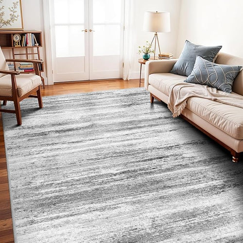 4x8 Wide Washable Runner Rug: Easy-to-Clean Runners for Hallway Entryway Kitchen Bedroom Living Room - Stain and Water Resistant Rugs with Non-Slip Backing - Soft Low-Pile Carpet Beige Grey — 6' x 9' (Rectangular)