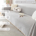 HANDONTIME Grey Sofa Cover for Couch Boho Couch Cover for 3 Seat Couches Dog Couch Cover Love Seat Couch Covers Light Grey Sectional Cover 91" X118" Tassel Chenille Herringbone Sofa Covers