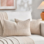 Fancy Homi 2 Packs Tan Lumbar Decorative Throw Pillow Covers 12x20 Inch for Living Room Couch Bed Sofa, Boho Home Decor, Soft Striped Corduroy Rectangle Accent Beige Cushion Case 30x50 cm