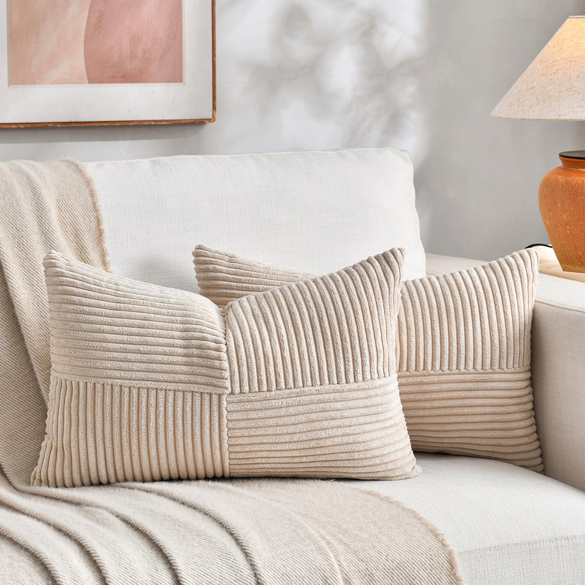 Fancy Homi 2 Packs Burnt Orange Lumbar Decorative Throw Pillow Covers 12x20 Inch for Living Room Couch Bed Sofa, Farmhouse Boho Home Decor, Soft Striped Corduroy Rectangle Accent Cushion Case 30x50 cm