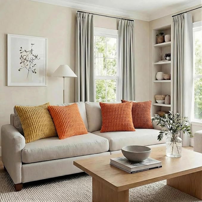 Fancy Homi Set of 4 Burnt Orange Fall Decorative Throw Pillow Covers 16x16 Inch for Couch Bed Chair, Modern Farmhouse Boho Room Decor, Soft Fuzzy Corduroy Textured Striped Cushion Case 40cm