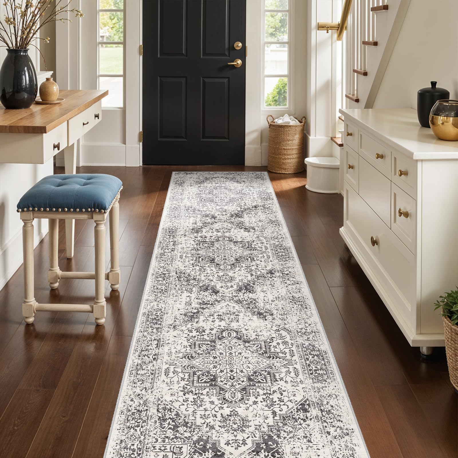 3x12 Washable Hallway Runner Rug: Long Vintage Soft Non Slip Rug Gray