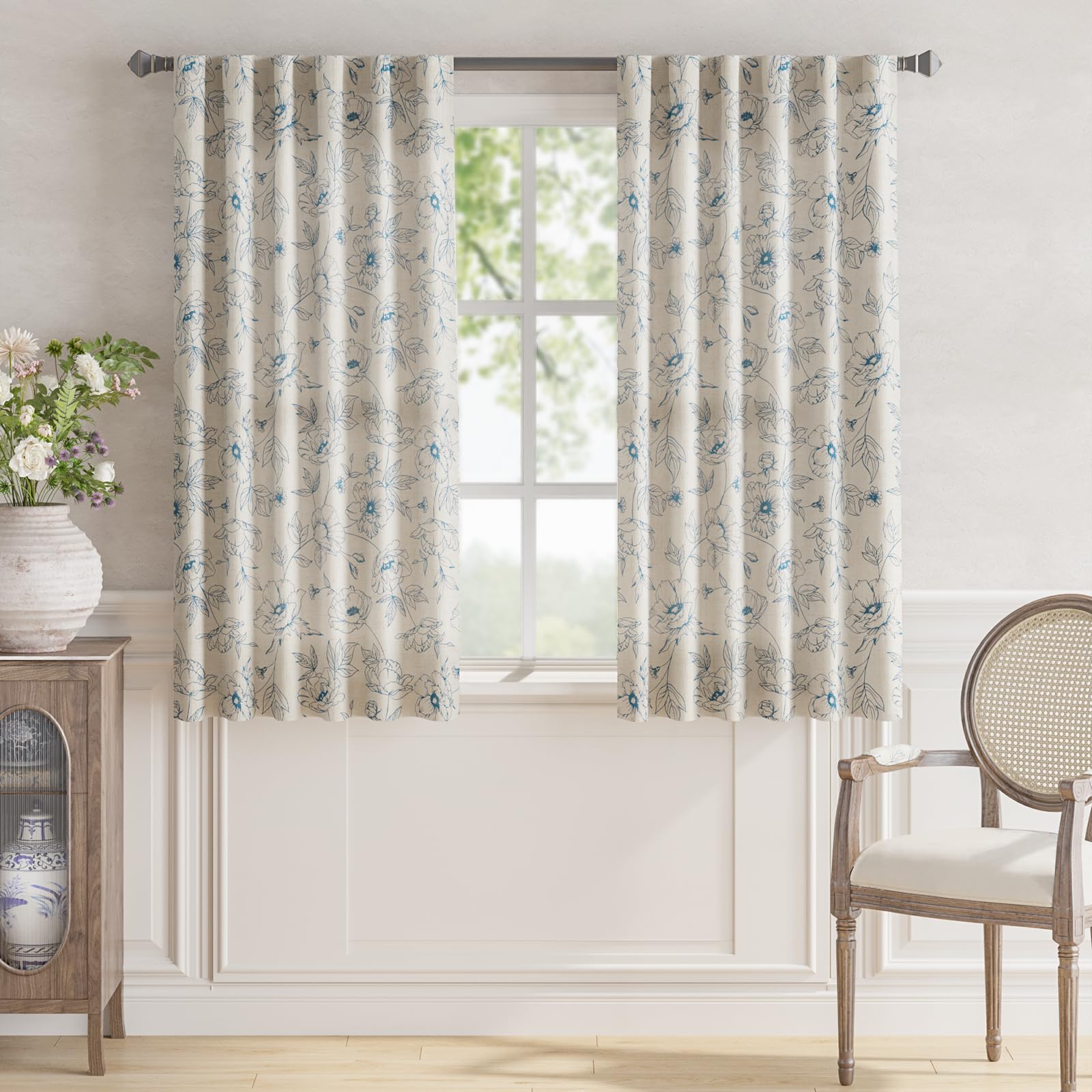 jinchan Floral Linen Curtains for Living Room 63 Inch Length Blue Flower Curtain Rod Pocket Back Tab Farmhouse Curtains with Printed Floral Bedroom Window Curtain Set, 2 Panels Blue