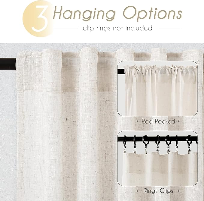 Cream Natural Linen Curtains 86 inch Length 2 Panels Set Neutral Rustic Farmhouse Living Room Drapes Back Tab Pleated Look Light Filtering Privacy Semi Sheer Curtains 86 inches Long Ivory Colored