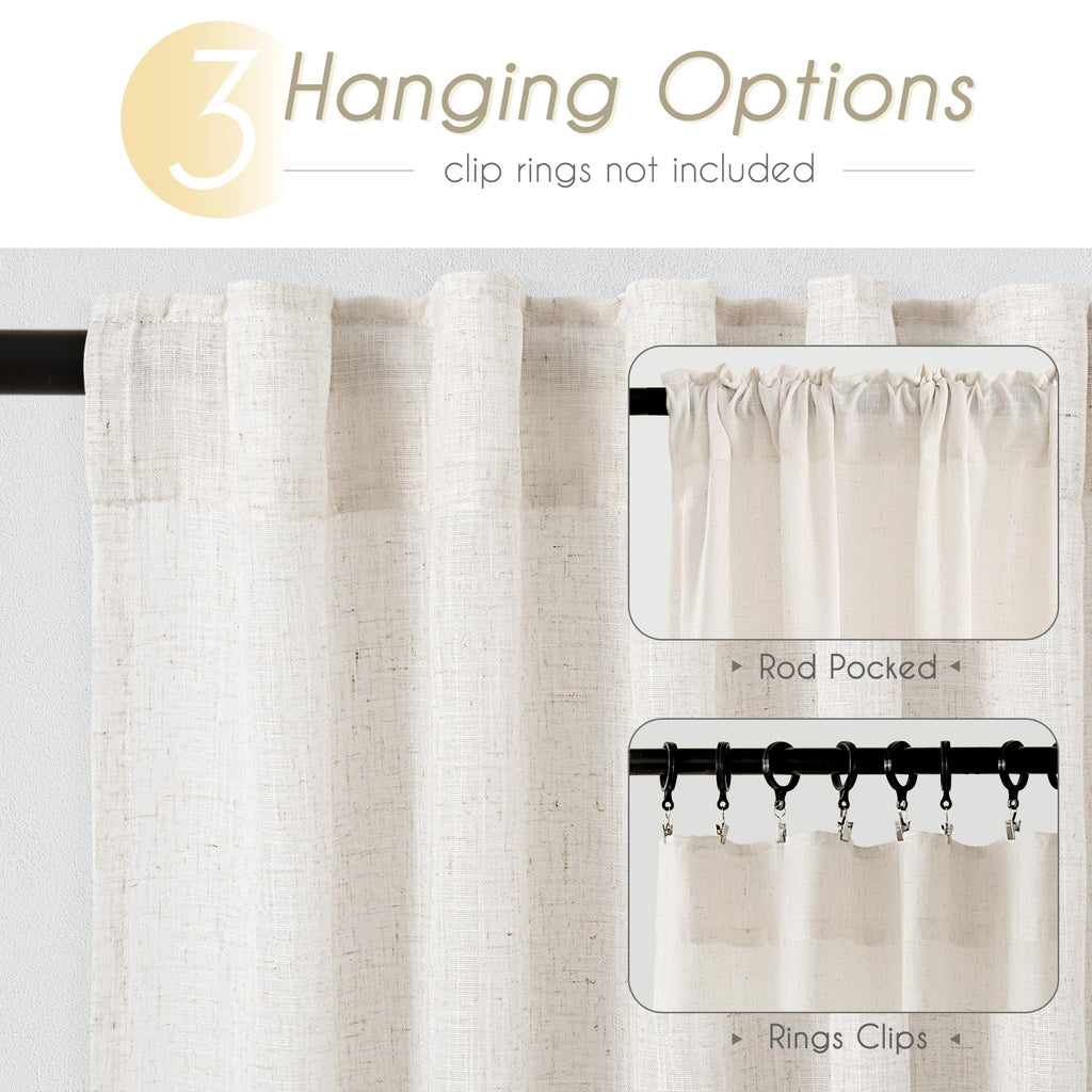 2 Panels Set Cream Linen Curtains 132 inches Long For Living Room Neutral Farmhouse Light Filtering Semi Sheer Linen Drapes 132 inch Ceiling To Floor For Large Window Villa Hallway Ivory FT 60x132