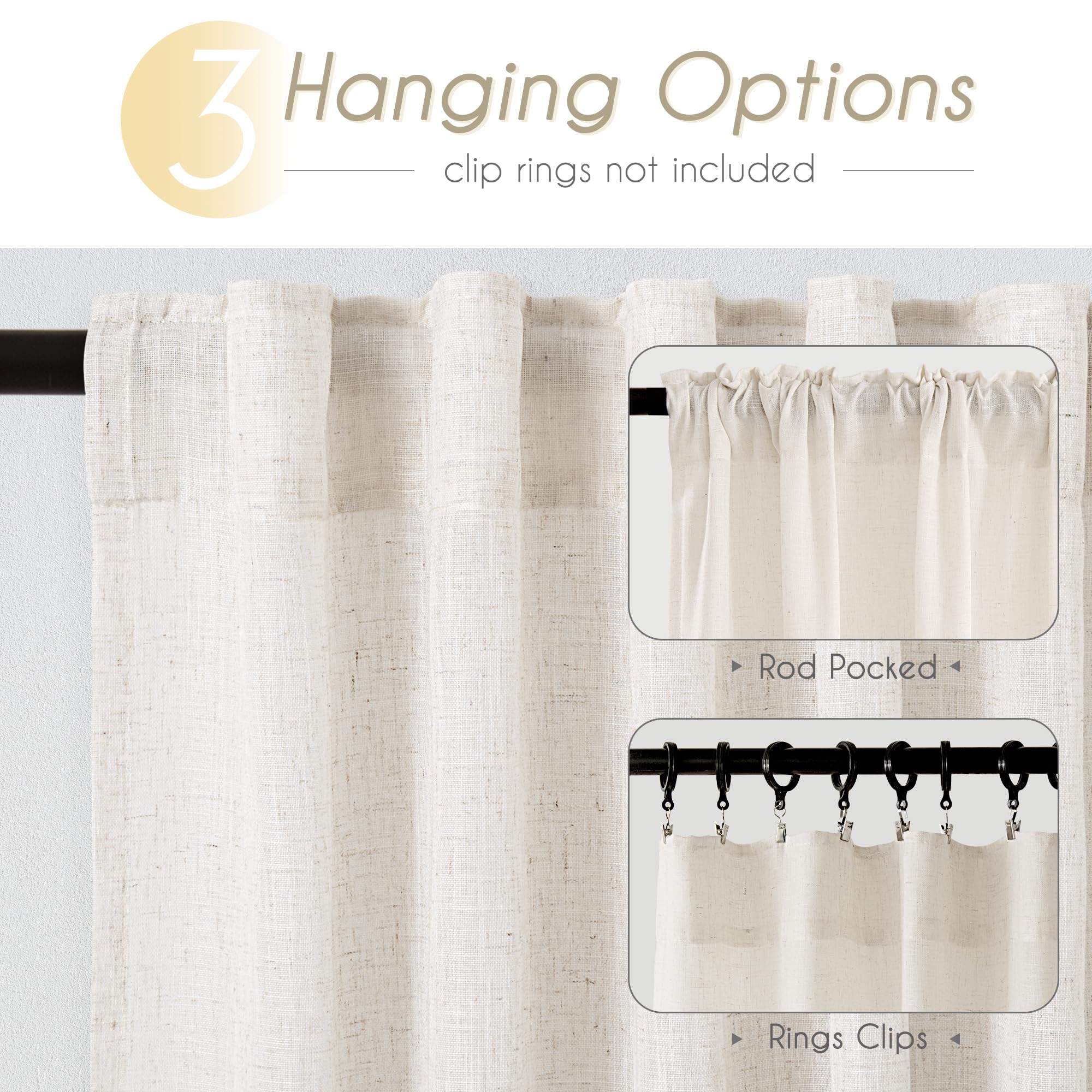 Jolilight 96 inch Long Linen Curtains 2 Panels for Living Room Back Tab Cream Ivory Light Filtering Semi Sheer Curtain 96 inches Long Boho Farmhouse Rustic Linen Drapes Floor to Ceiling Length 8 FT