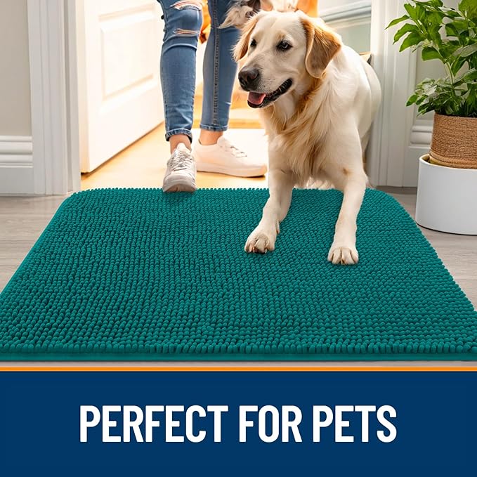 OLANLY Dog Door Mat for Muddy Paws 32x20, Absorbs Moisture and Dirt, Absorbent Non-Slip Washable Doormat, Quick Dry Chenille Mud Mat for Dogs, Entry Indoor Entryway Carpet for Inside Floor, Lake Blue