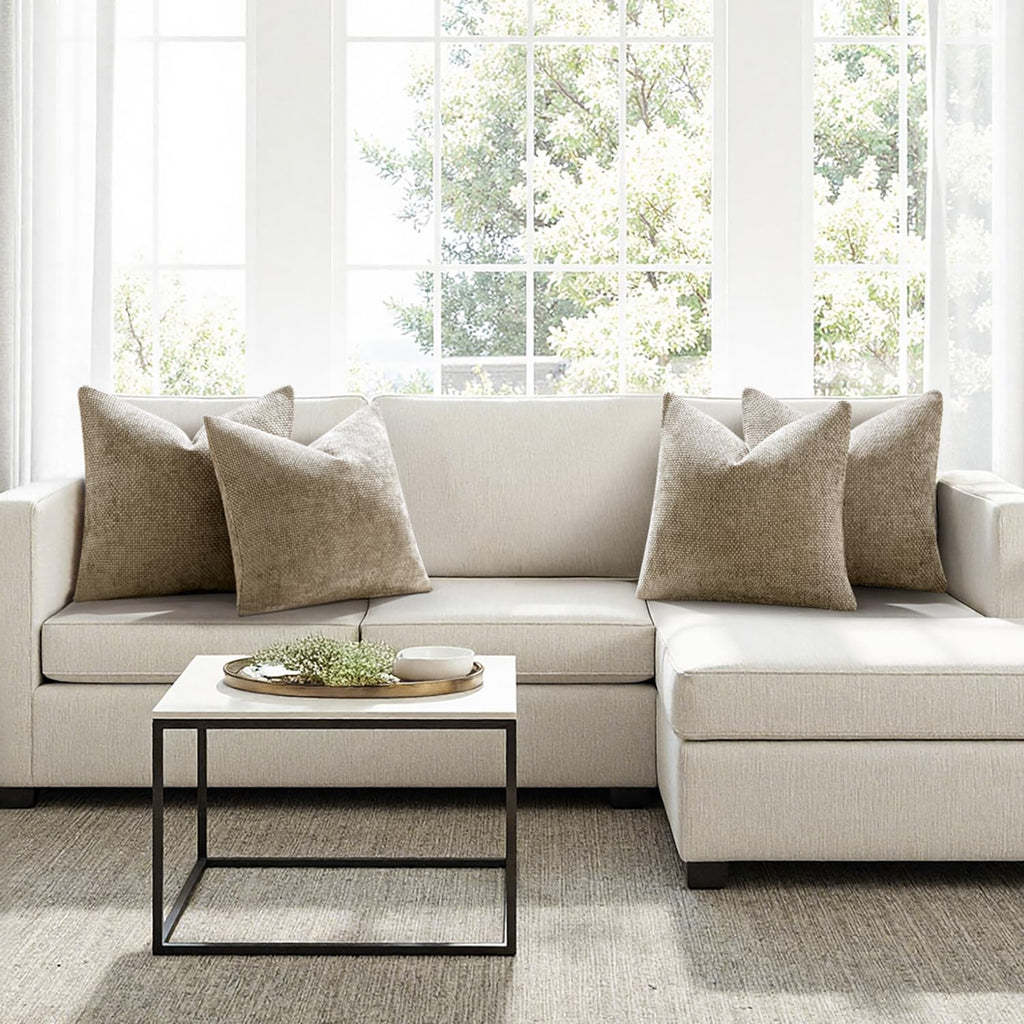 MIULEE Soft Decorative Chenille Pillow Covers Khaki 18x18 Pack of 4