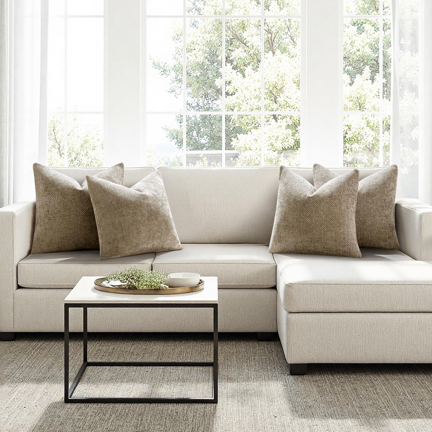MIULEE Soft Decorative Chenille Pillow Covers Khaki 18x18 Pack of 4