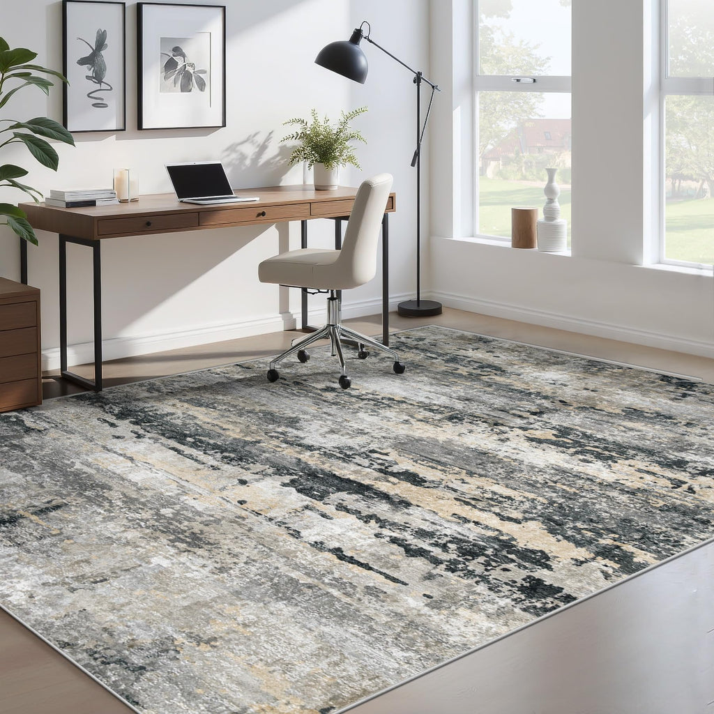 pmtsns Area Rugs 5x7 for Living Room: Washable Rug Modern Abstract Neutral Soft Non-Slip Low-Pile Indoor Carpet for Bedroom Dining Room Playroom Home Office (Black Grey Brown, 5'x7')