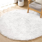 ORINOVA White Fluffy Faux Sheepskin Washable Fur Round Rug 5ft Nursery Rugs for Bedroom Plush Boho Circle Rug for Living Room Teen Room Décor