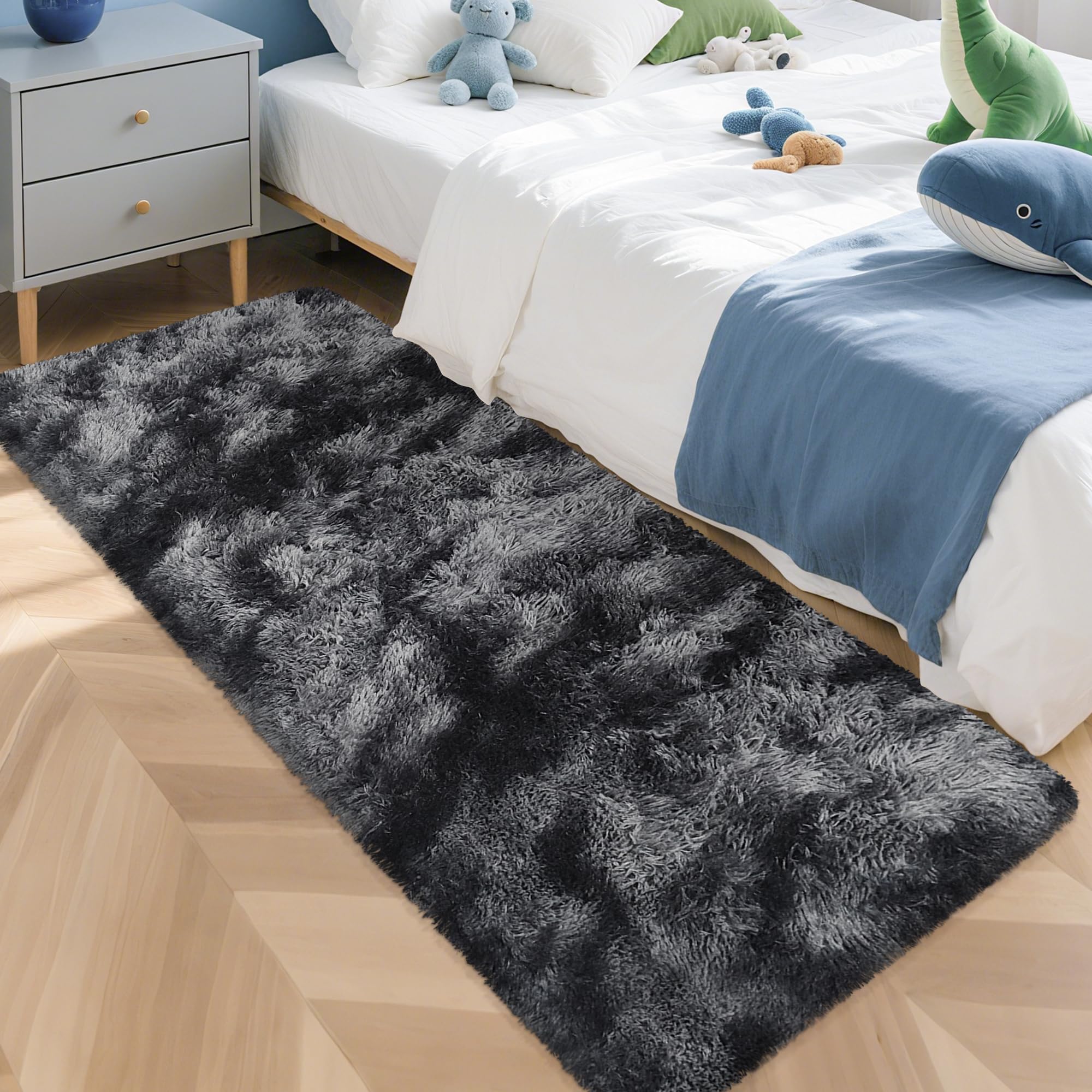 JiaoBaba Tie-Dyed Runner Rug for Bedroom Black Grey 2x5ft Fluffy Area Rug Bedside Runner Rug for Kids Room Boys Teens Nursery Baby Living Room Dorm Home Decor Carpets