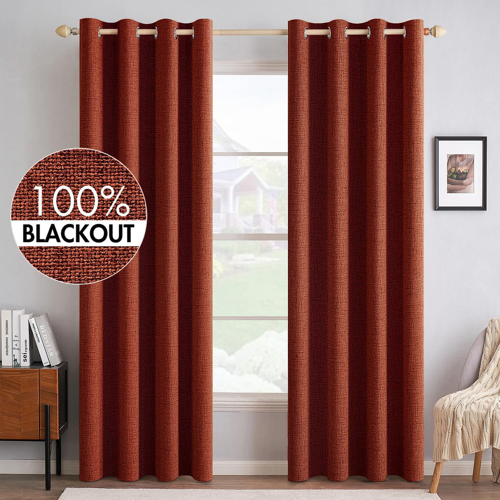 MIULEE 100% Blackout Linen Curtains for Bedroom 52x96 Inches Burnt Orange