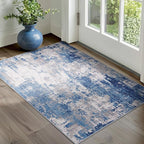 Washable Area Rugs 4'x5' Non-Slip Modern Abstract Soft for Living Room Entryway Bedroom Nursery, Print Pattern, Blue Grey Navy Gray