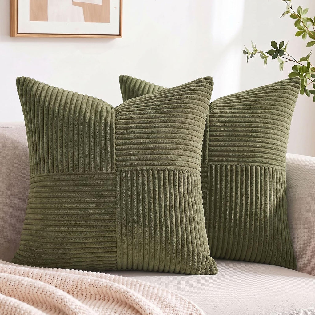 Fancy Homi 2 Packs Tan Decorative Throw Pillow Covers 18x18 Inch for Living Room Couch Bed, Rustic Farmhouse Boho Home Decor, Soft Corss Corduroy Patchwork Textured Square Beige Cushion Case 45x45 cm