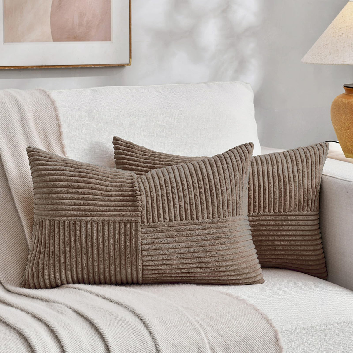 Fancy Homi 2 Packs Navy Blue Lumbar Decorative Throw Pillow Covers 16x26 Inch for Living Room Couch Bed Sofa, Farmhouse Home Decor, Soft Striped Corduroy Rectangle Accent Cushion Case 65x40 cm