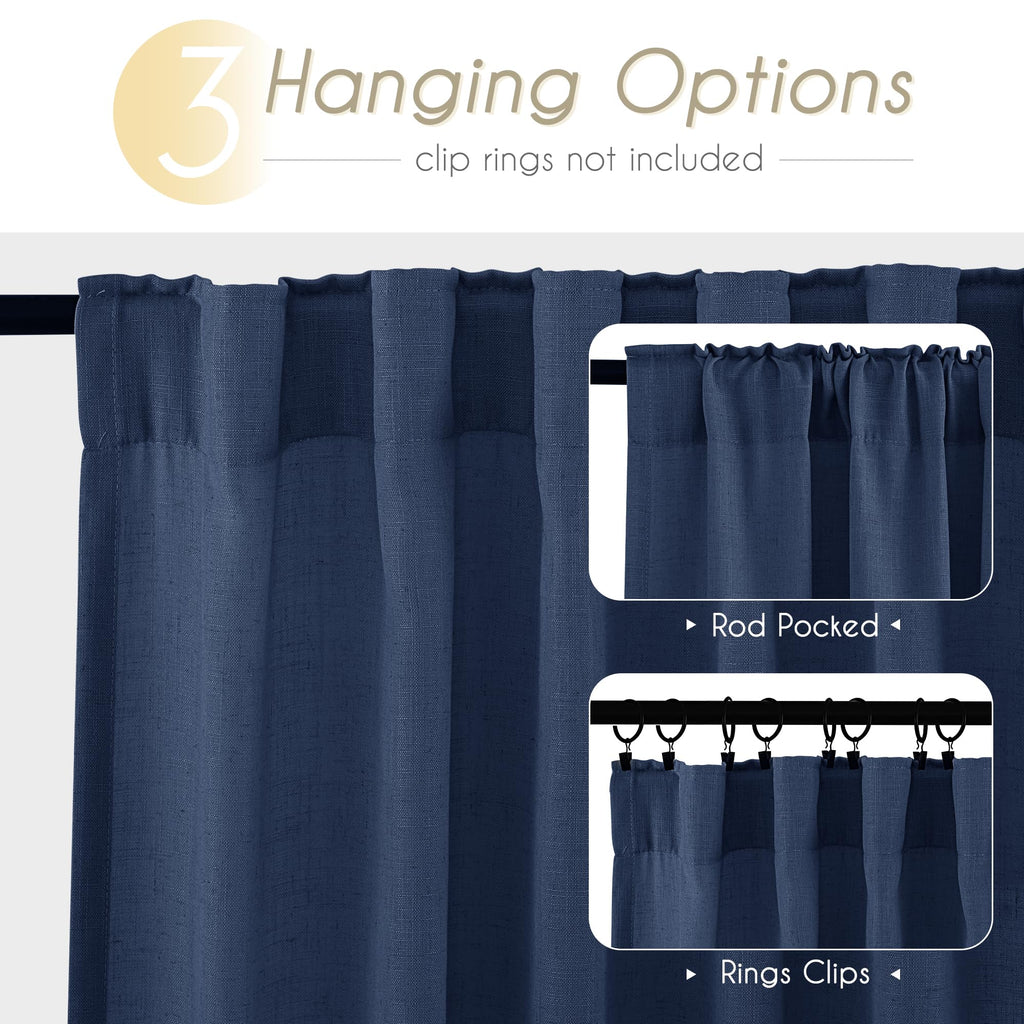 Navy Blue Curtains 102 inch Length for Bedroom Back Tab Light Filtering Semi Sheer Blue Living Room Curtains Linen Cotton Textured Indigo Blue Drapery Panel Modern Farmhouse Aesthetic Decor Dark Blue