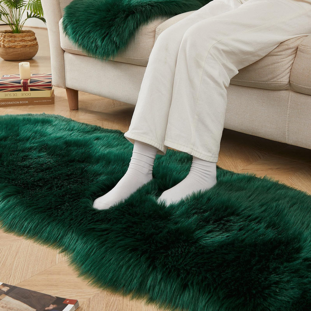 AMTOVO Faux Sheepskin Rug, Dark Green Ultra Soft Fluffy Shag Area Rug, 2 x 6 ft Faux Fur Rug for Bedroom Sofa Throw Cushion Room Decor, Sheepskin