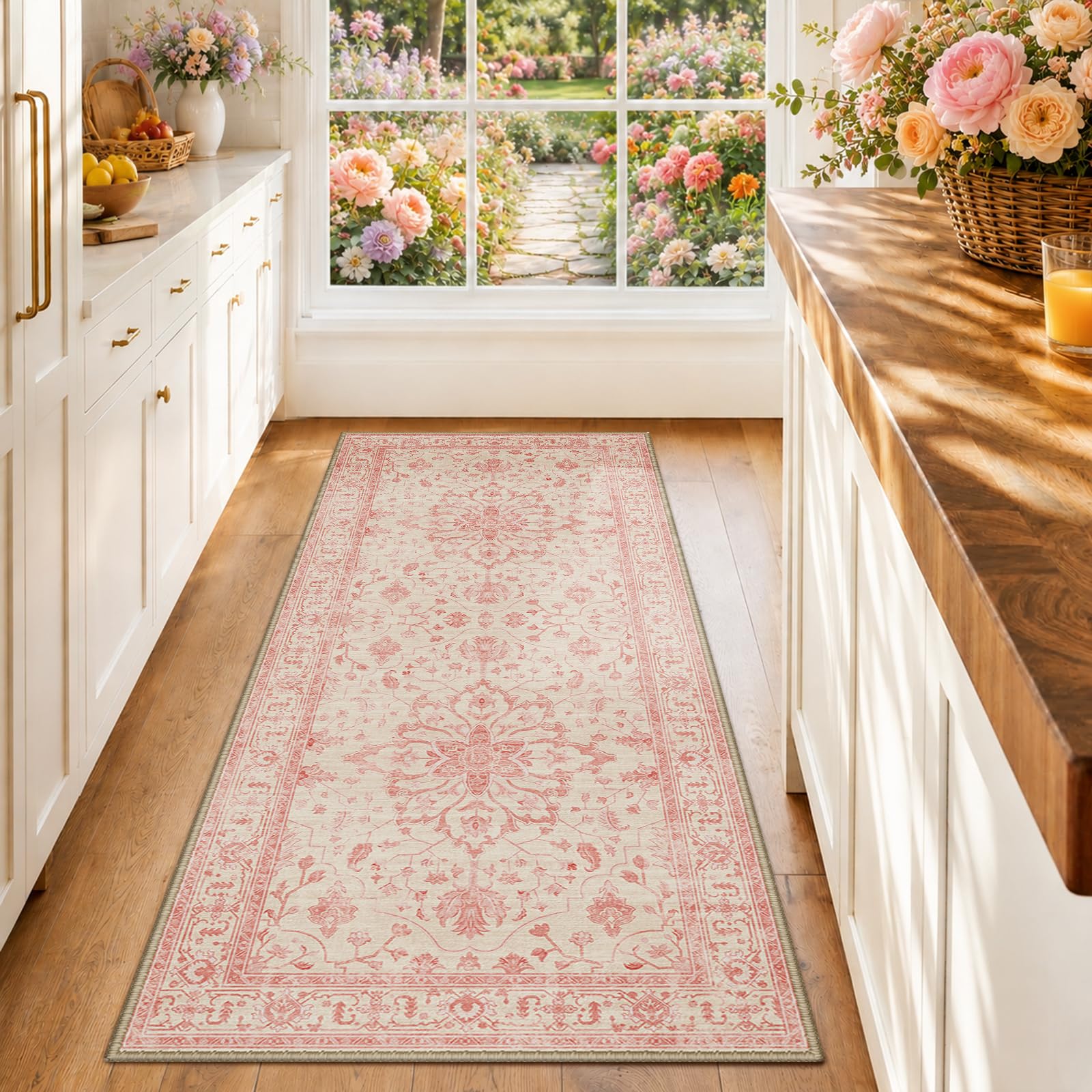 RELEANY Washable Area Rug, Runner 2'x6', Pink/Light Vintage Pink