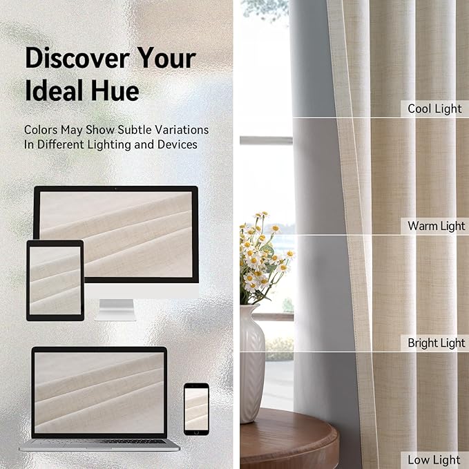 Linen Textured Total Blackout Curtains 84 Inches Long, Butter Cream