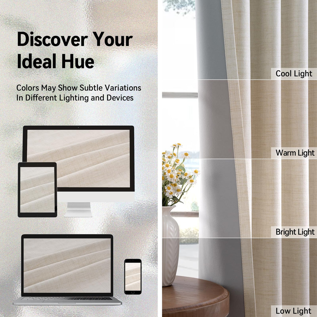 Linen Textured Total Blackout Curtains 63 Inches Long, Butter Cream