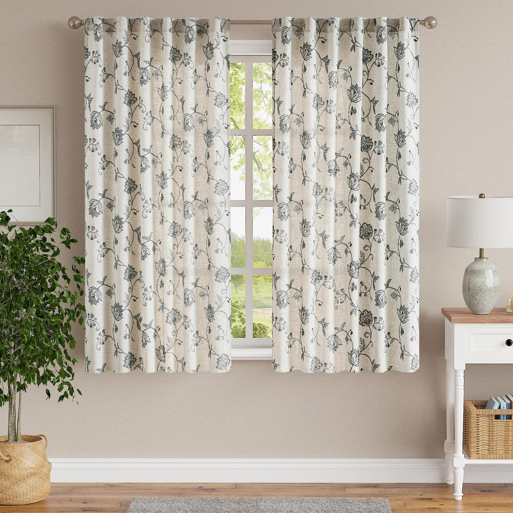 Jinchan Linen Floral Curtains 63 Inch Length for Living Room & Bedroom - Light Filtering Rod Pocket Back Tab Jacobean Curtains Flax Linen Texture Window Drapes Set 2 Panels Black on Linen