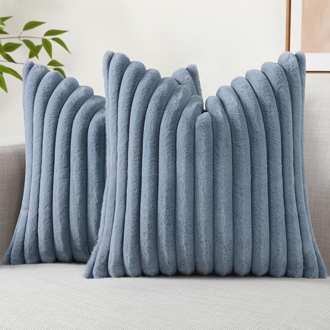 decorUhome Fall Faux Fur Throw Pillow Covers 22x22 Set of 2 Grey Blue