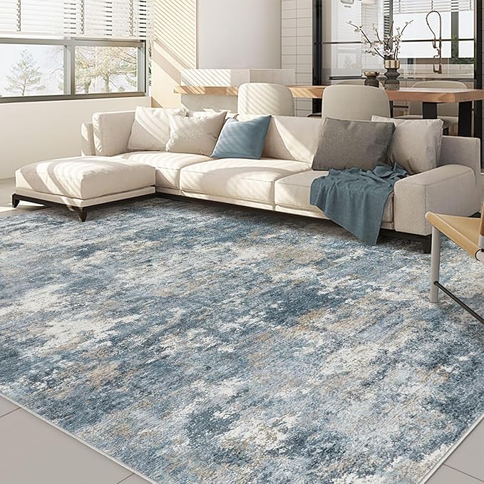 Nakagishi 10x14 Area Rugs Living Room: Washable Abstract Large Neutral Soft Rug Stain Resistant Modern Indoor Floor Non-Slip Carpet for Bedroom Nursery Kids Playroom Office Dining Room Dorm-Blue Brown