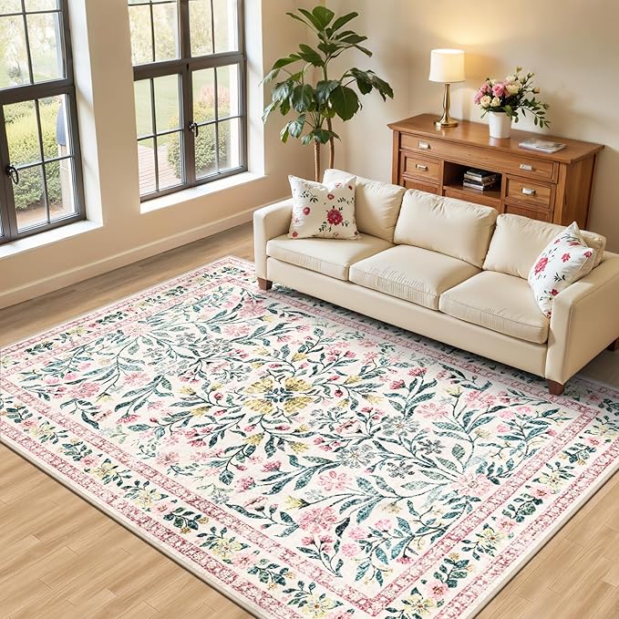 PLHXFR Area Rug Living Room: 5x7 Floral Washable Boho Carpet Pink Green