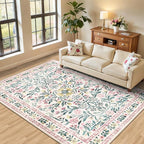 PLHXFR Area Rug Living Room: 5x7 Floral Washable Boho Carpet Pink Green
