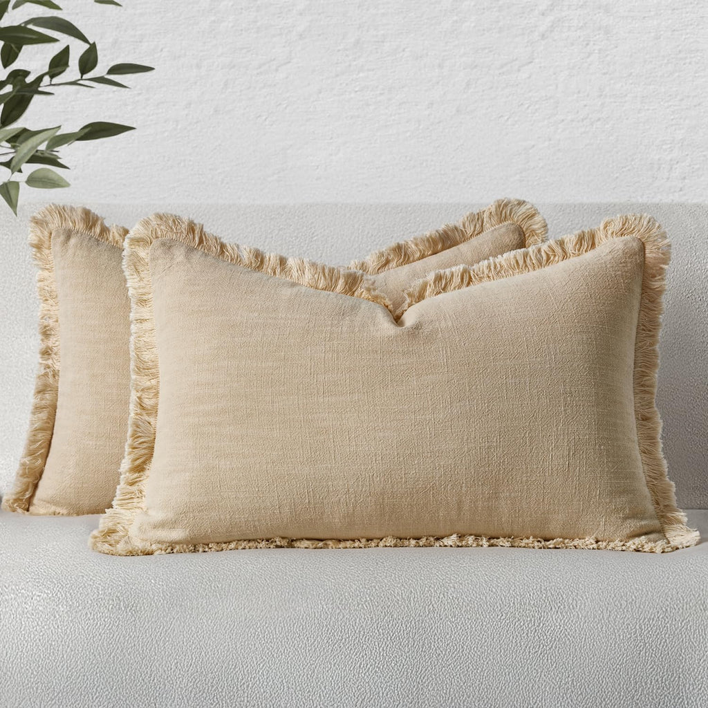 MIULEE Boho Linen Fringe Decorative Lumbar Throw Pillow Covers Beige 12x20