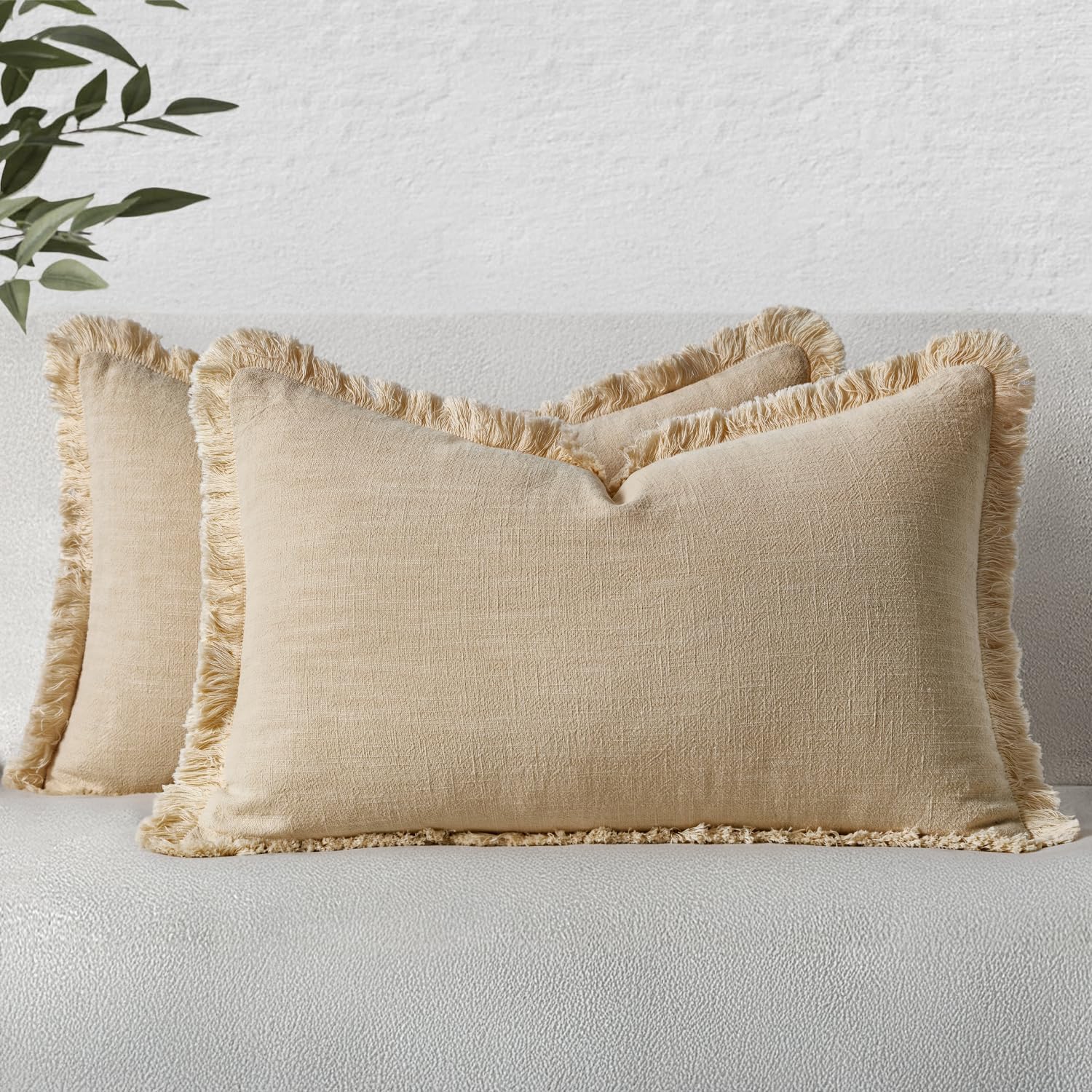 MIULEE Boho Linen Fringe Decorative Lumbar Throw Pillow Covers Beige 12x20