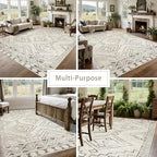 Washable Rugs 8x10 Area Rugs for Living Room,Bedroom,Dining Room- Large Ultra Soft Faux Wool Retro Carpet,Non Slip&Non-Shedding Low Pile Morocco Rug for Farmhouse Home Office Dorm(Beige-Brown)