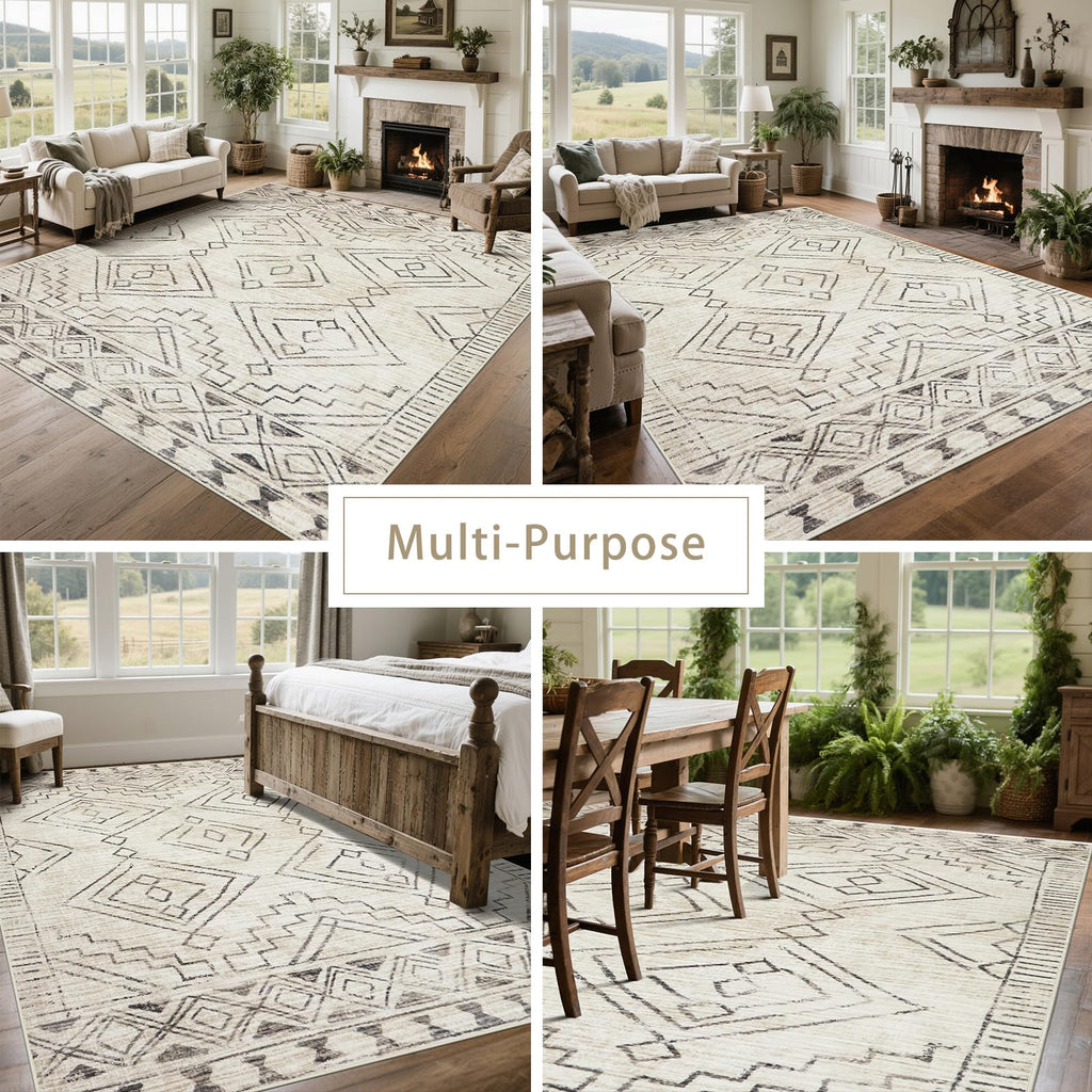 8x10 Washable Area Rugs for Living Room,Bedroom,Dining Room- Morocco Beige