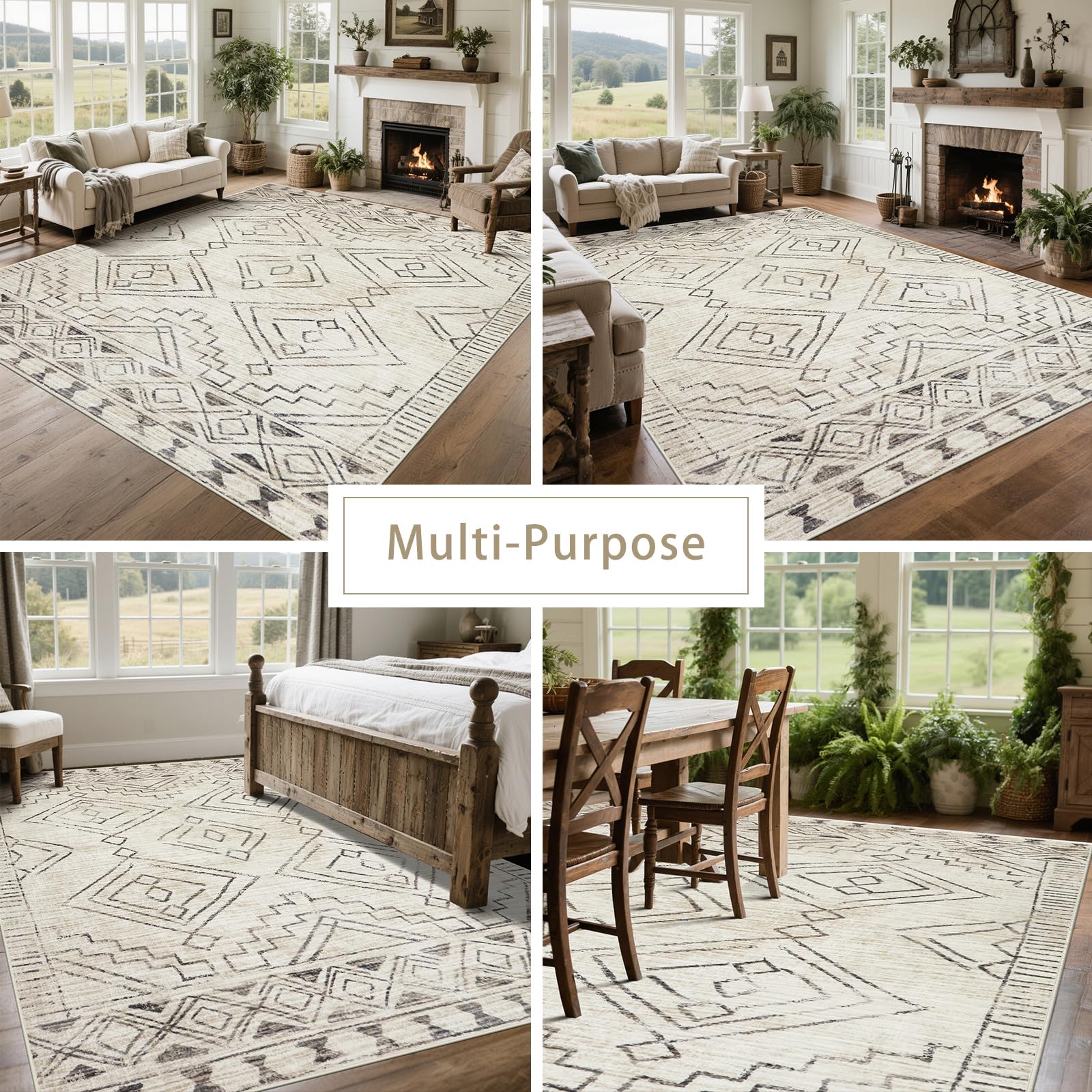8x10 Washable Area Rugs for Living Room,Bedroom,Dining Room- Morocco Beige