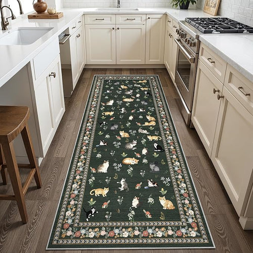 2x6 Washable Kitchen Runner rug: Floral Cat Print Low Pile rugs SageGreen
