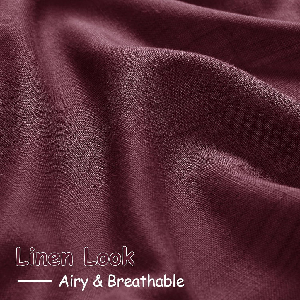 Nanspring Burgundy Linen Curtains 132 Inch Length for Living Room Light Filtering Semi Sheer Curtain Back Tab Vintage Boho Decor Drapes Floor to Ceiling High Window for Bedroom 52x132, 2 Panels