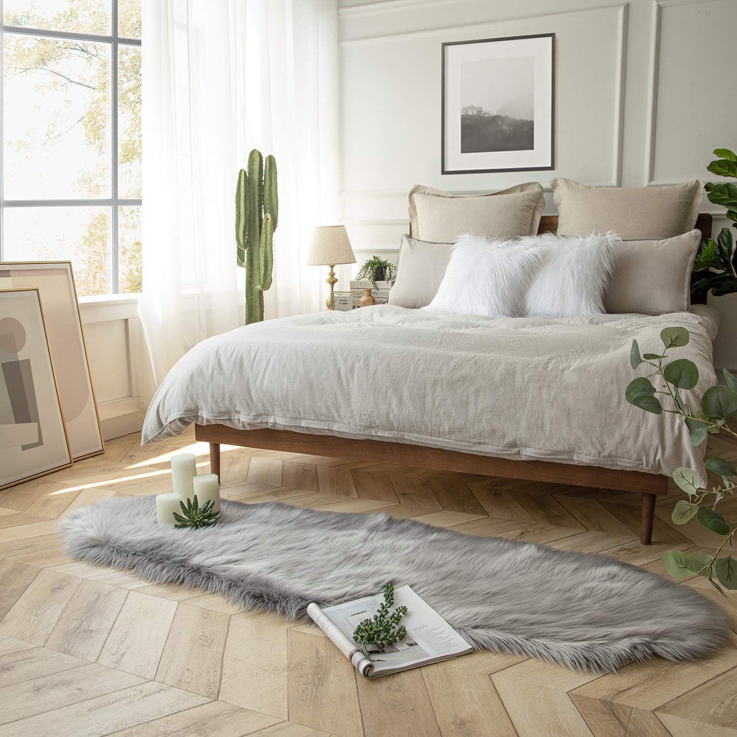 Ashler faux fur rug, Fluffy Shaggy Area Rug Ultra Soft 2 x 6 Feet Sheepskin Fur Rug, Grey Fuzzy Rug Machine Washable Shag Rug, Nursery Decor Throw Rugs for Bedroom, kids room, Living Room