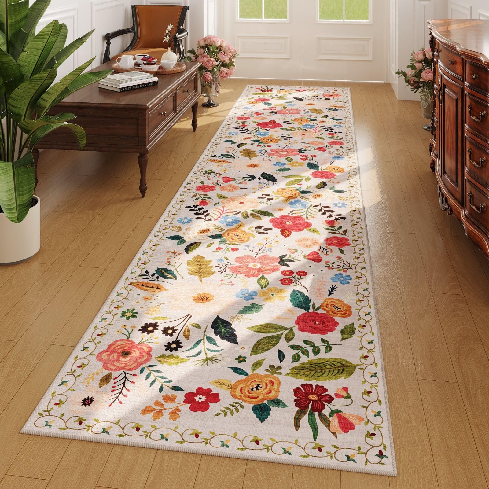 Rugcomf Washable Kitchen Runner 2'7"x12' - Floral Long Hallway Runner Rug Non Slip, Boho Carpet for Entryway, Hall, Bathroom - Beige