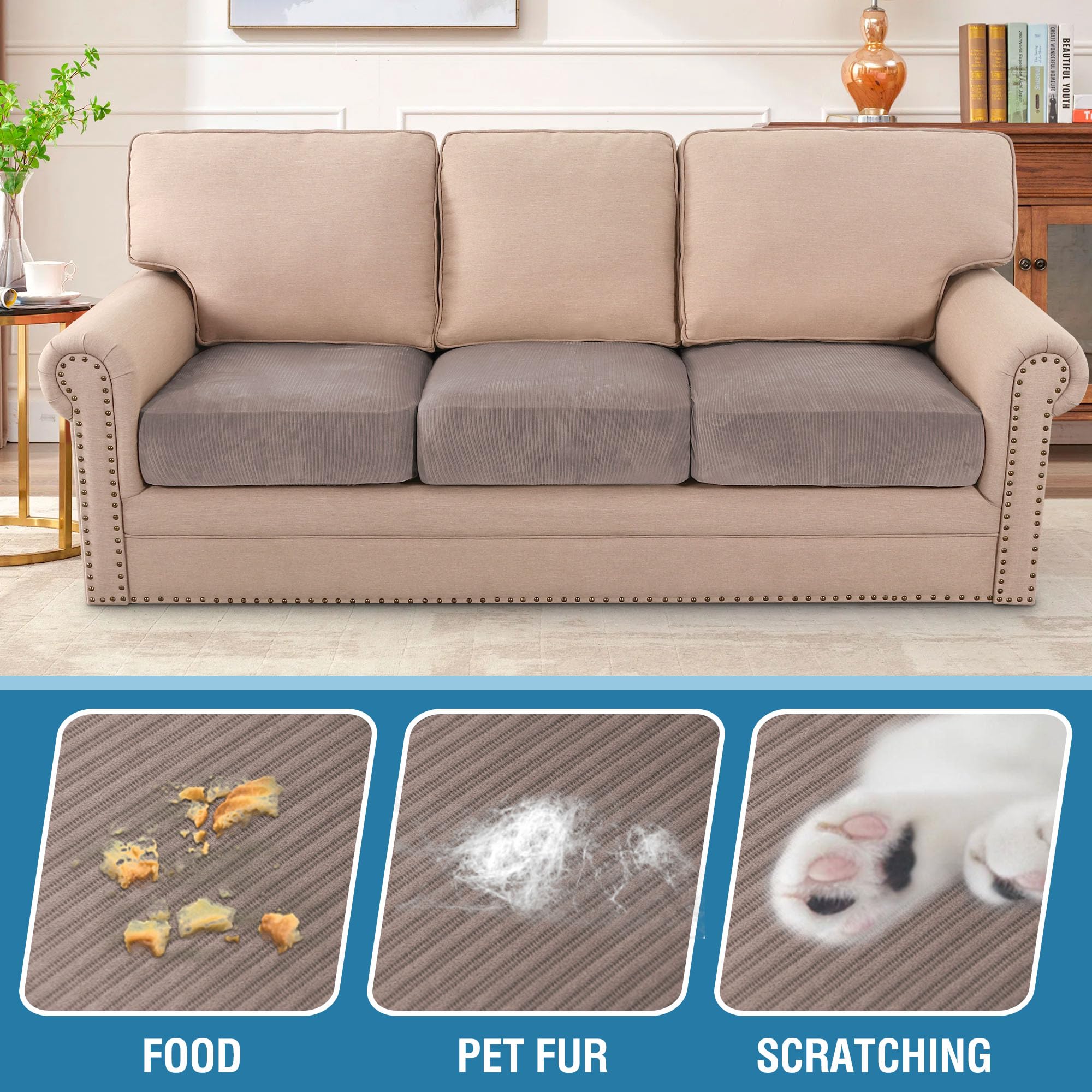 H.VERSAILTEX Velvet Stretch Couch Cushion Cover Plush Cushion Slipcover for Chair Loveseat Sofa Cushion Furniture Protector Seat Cushion Sofa Cover (3 Piece XL Sofa Cushion Covers, Taupe Striped)