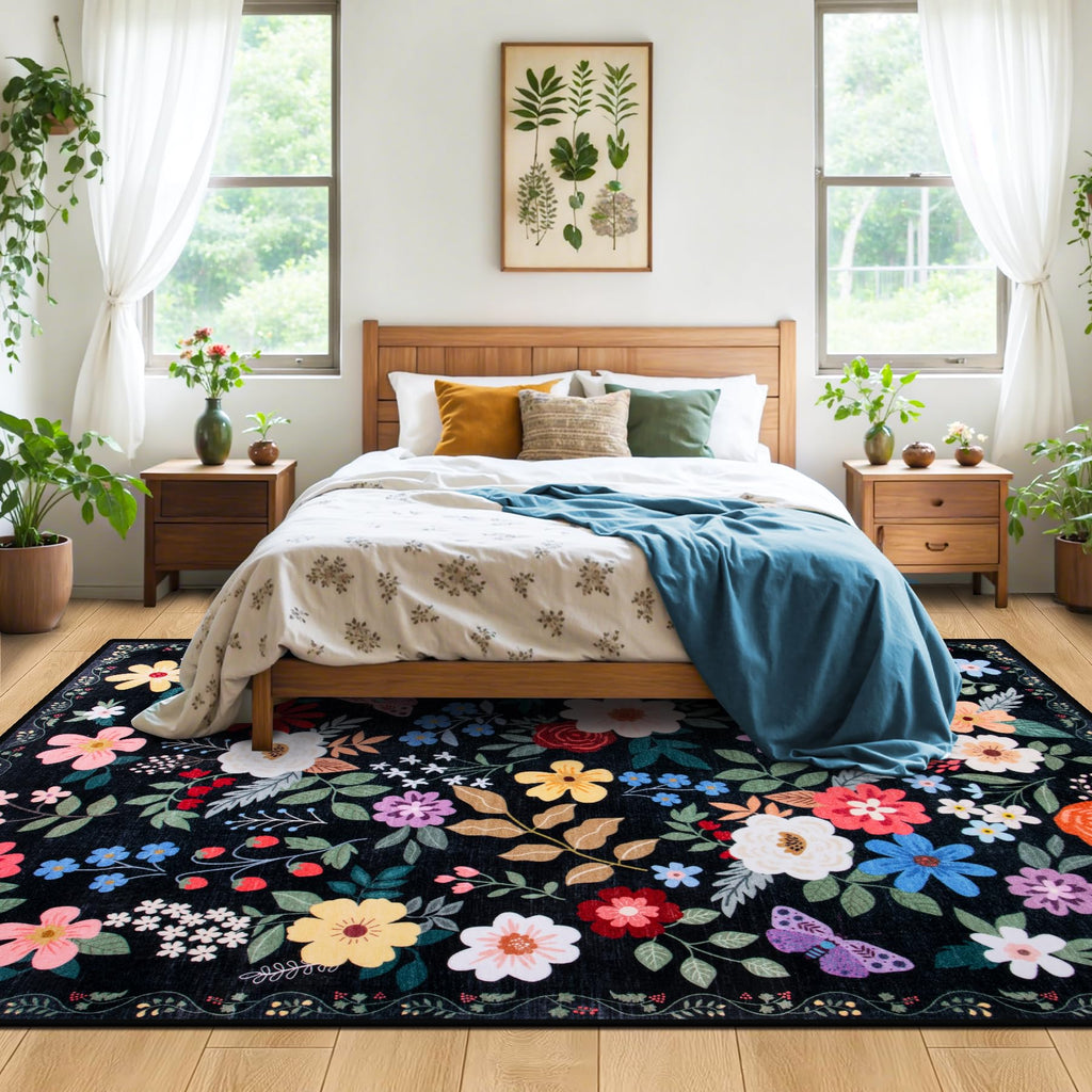 PLHXFR Area Rug Living Room: 4x6 Floral Washable Boho Soft Carpet Black