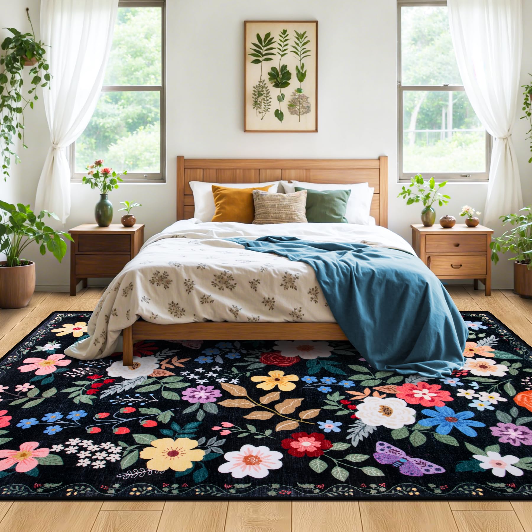 PLHXFR Area Rug Living Room: 4x6 Floral Washable Boho Soft Carpet Black