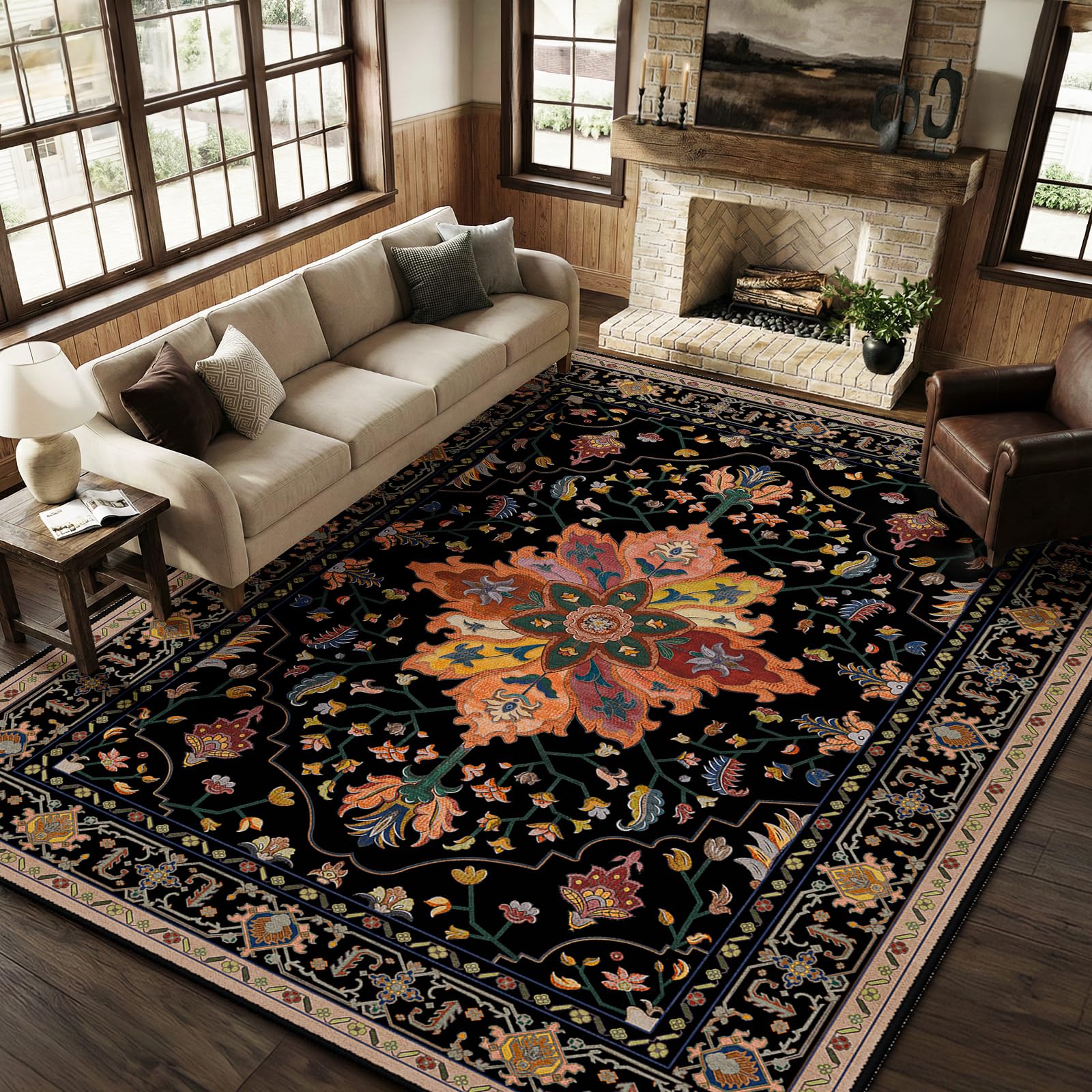 RELEANY Washable Area Rug, Large 9'x12', Black/Colorful